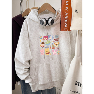 美式胖mm白灰色连帽卫衣女冬装2026新款初中生宽松大码加绒上衣服