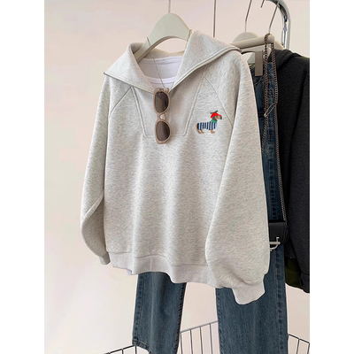 灰色半拉链无帽女卫衣春秋季新款