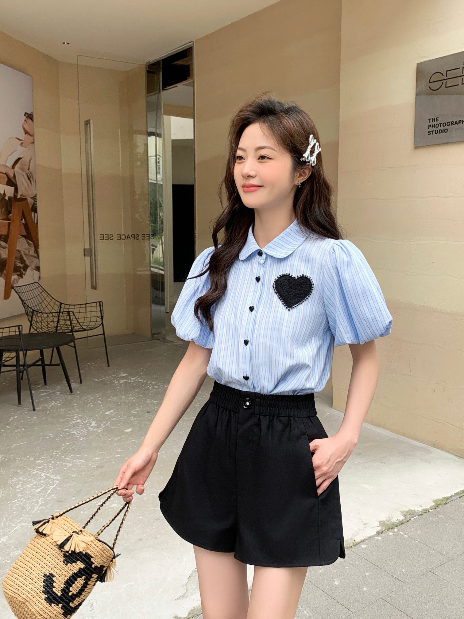 短袖条纹衬衫楼暮爱心钉珠现货