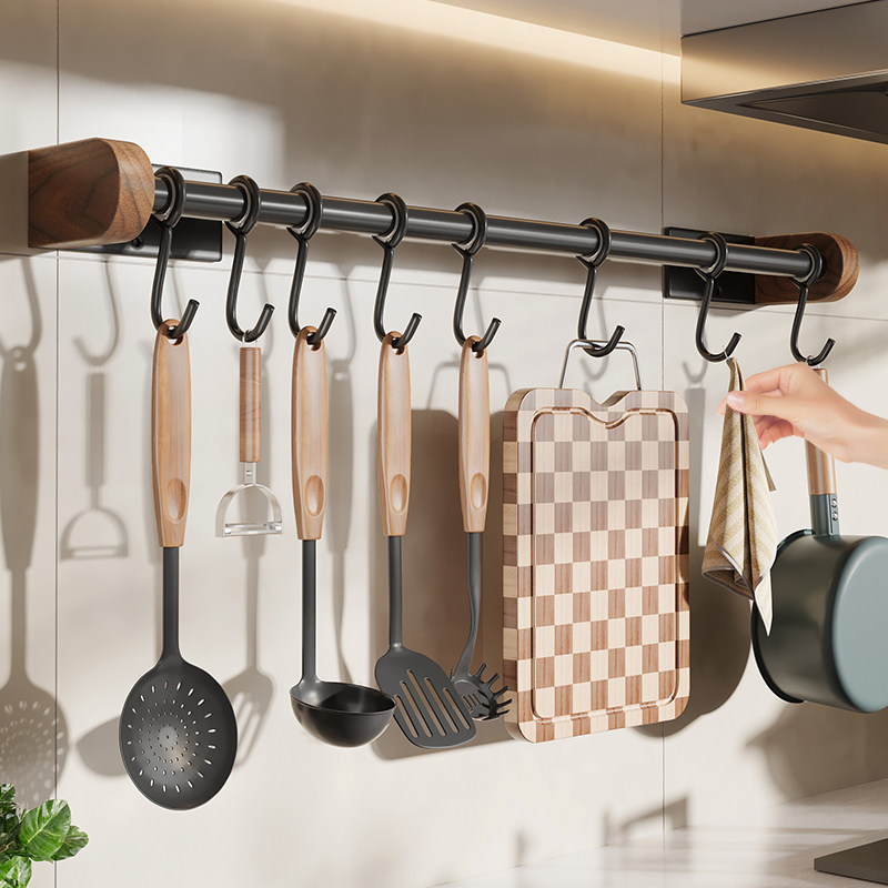 胡桃木厨房挂钩免打孔挂杆锅铲勺子置物架挂架不锈钢壁挂式收纳架,厨房/烹饪用具,厨房置物架/置物柜/角架,淘宝优惠券,粉丝福利购,淘宝优惠卷