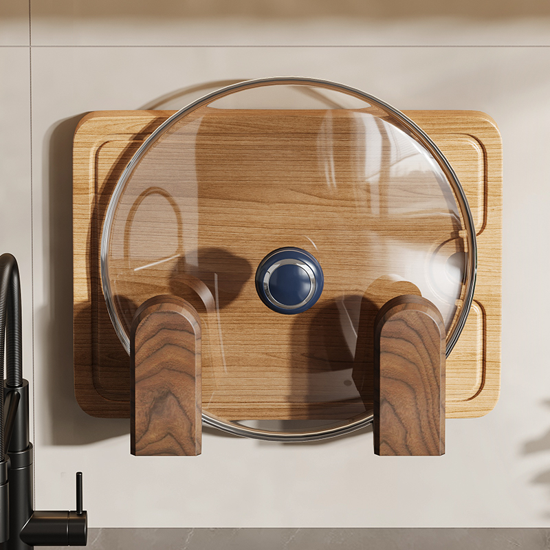 胡桃木锅盖架中古风壁挂式厨房置物架多功能墙上砧板菜板收纳挂架