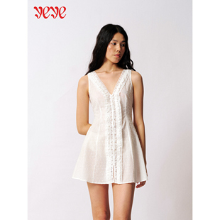 yeye by b.Fleurs 新款法式复古V领蕾丝边收腰系带显瘦短款连衣裙