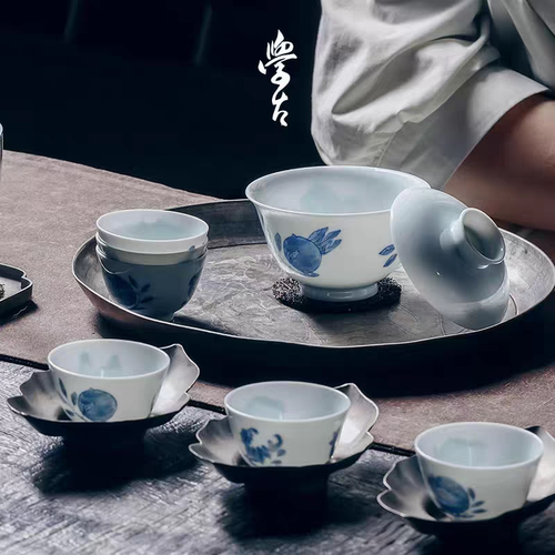 学古|青花三多套组 一盖碗配六杯手工景德镇瓷青花纹200cc、40cc