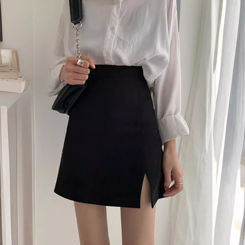 黑色高腰开叉半身裙女2025春款新款a字短裙西装包臀裙子夏设计感