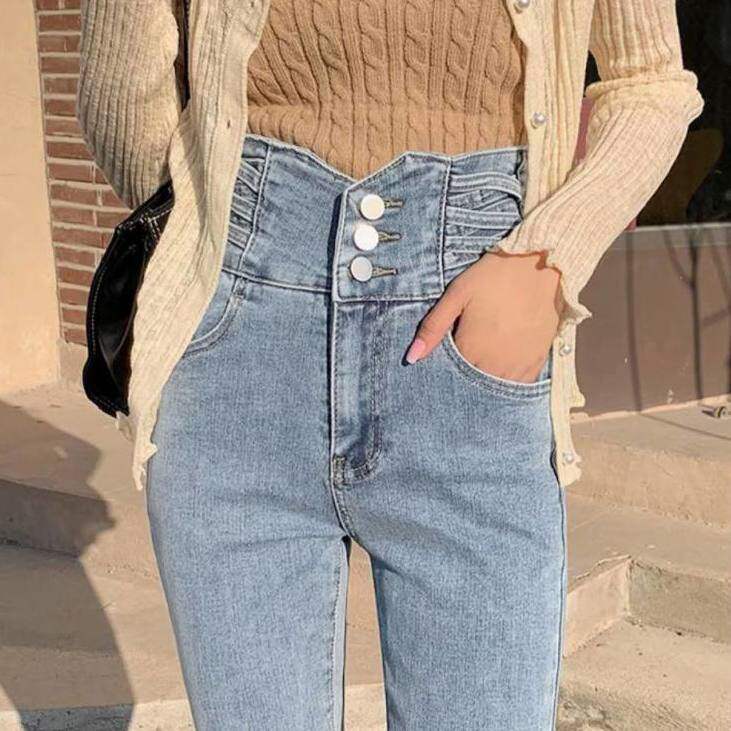 浅色高腰牛仔裤女2025年新款春秋季修身显瘦弹力紧身小脚铅笔裤子