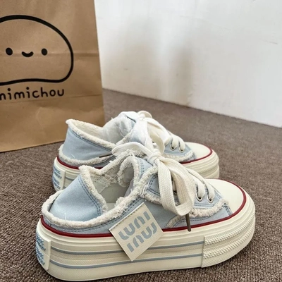 松糕厚底两穿小白帆布鞋女2025新款夏季爆款一脚蹬休闲运动板鞋子