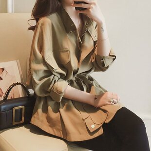 工装 2019春季 中长款 韩版 外套女宽松休闲百搭系带收腰风衣夹克 新款