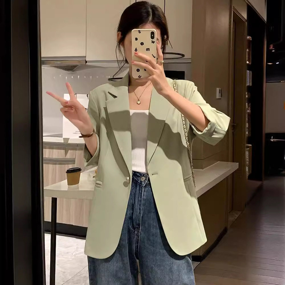 米色西装外套女小个子短款2024春夏季新款韩版高级感七分袖薄西服