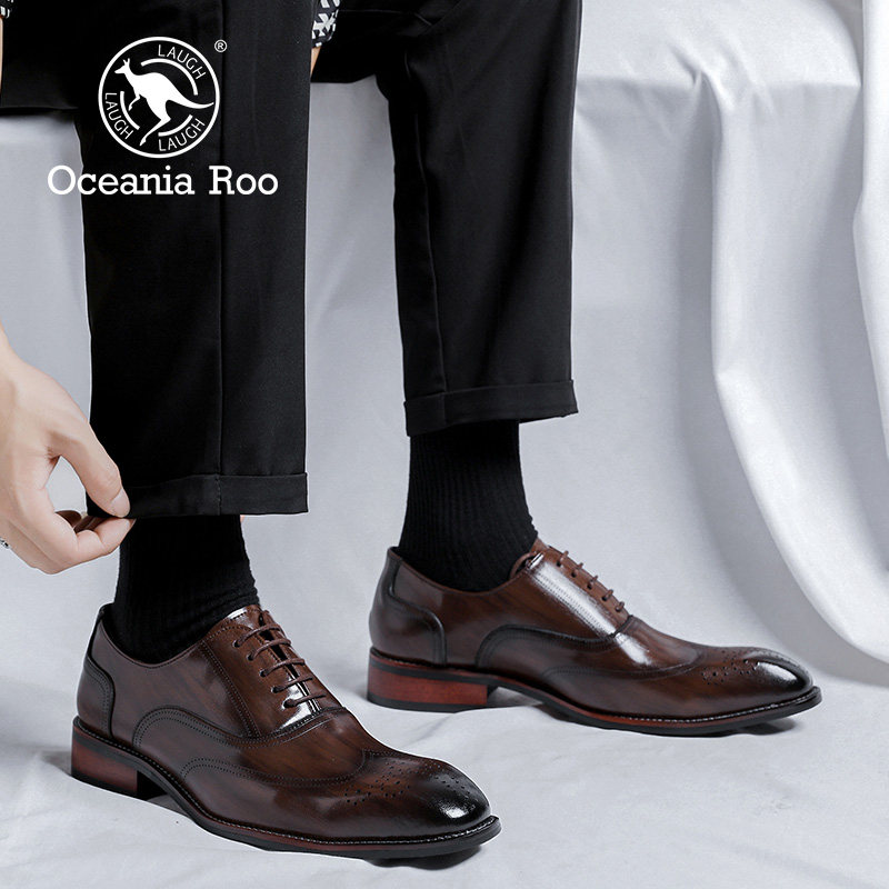 KANGAROO PREMIUM MENS SHOES AUTUMN AND WINTER BROWN RETRO POINTED TOE BUSINESS FORMAL WORK LEATHER SHOES INCREASE HEIGHT CASUAL MARRIAGE