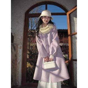 Acaine紫色中长款羊毛双面羊绒大衣女冬韩系百搭休闲毛呢呢子外套