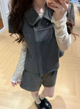 法式格纹娃娃衫上衣女2026秋新品学院风直筒连衣裙半裙套装