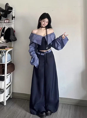 Ms XIDU 开春新款一字肩条纹拼接显瘦修身上衣学院休闲裤ootb整套