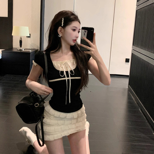 撞色蕾丝拼接短款 纯欲bm风假两件短袖 修身 2024新款 上衣 t恤女夏季