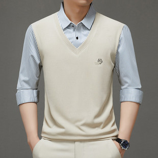 春秋长袖假两件男士t恤polo衫品牌2025秋季新款衬衫领高端打底衫