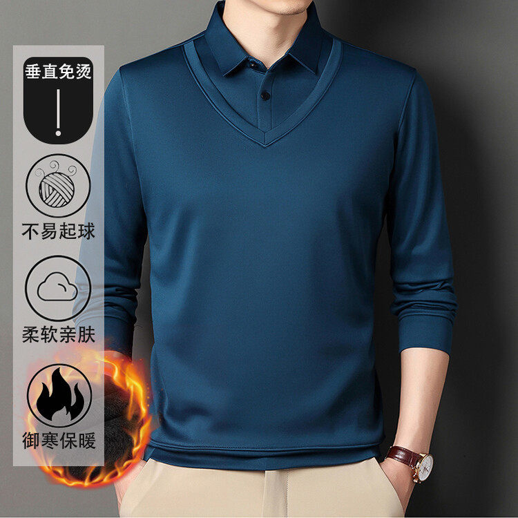 新款高档男士加绒假两件毛衣秋冬季中青年长袖t恤翻领纯色Polo衫