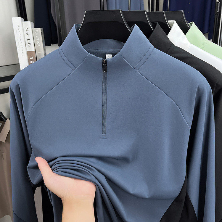 半拉链立领春秋新款插肩袖弹力舒适健身长袖T恤宽松运动打底衫男