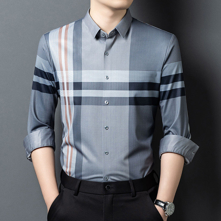 高端中年男士衬衫长袖春秋新款冰丝上衣商务休闲大码高级免烫衬衣