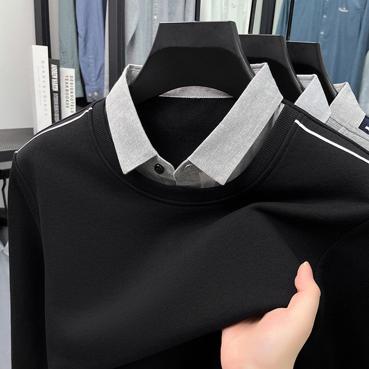 假两件长袖t恤男士春秋季卫衣内搭衬衫领上衣休闲薄款polo打底衫