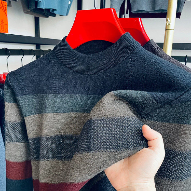 爸爸男装圆领毛衣男士中年春秋新款冬季羊毛衫条纹羊绒打底针织衫