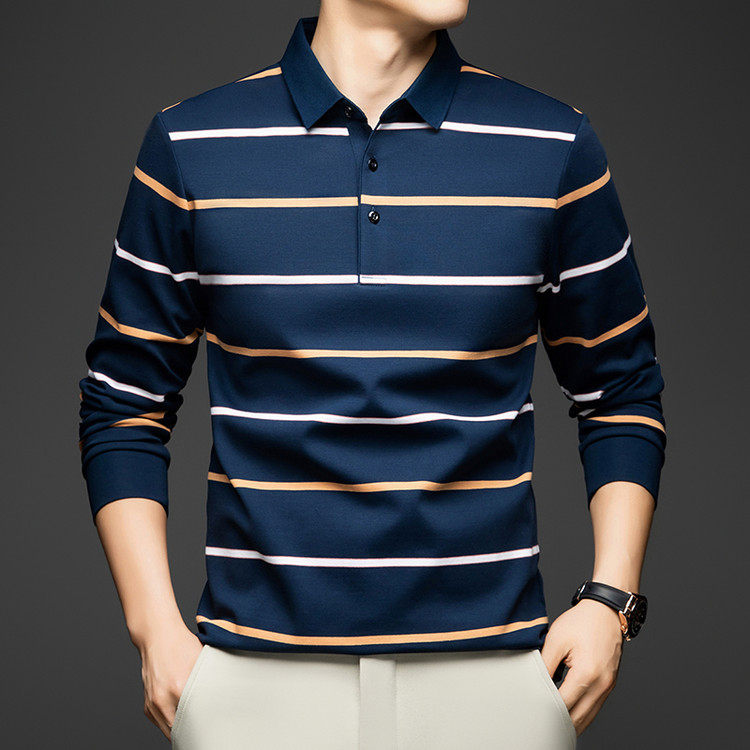 夏季长袖T恤男士条纹薄款冰丝中年爸爸男装丝光棉宽松休闲polo衫
