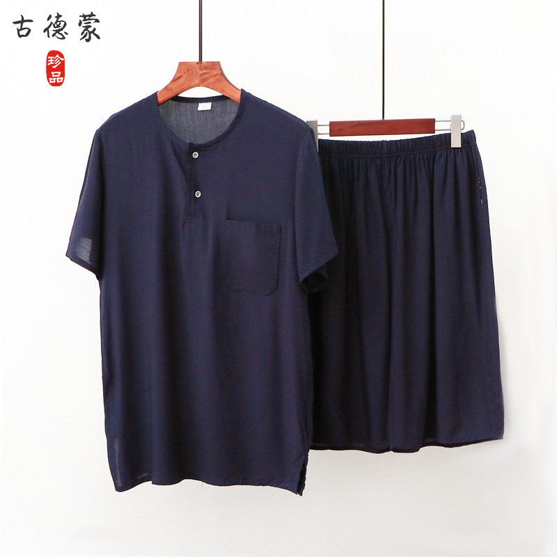 중년 및 노인 남성 여름 옷 아빠의 얇은 면 실크 반팔 상의와 반바지 정장 할아버지의 면 실크 에어컨 가정복