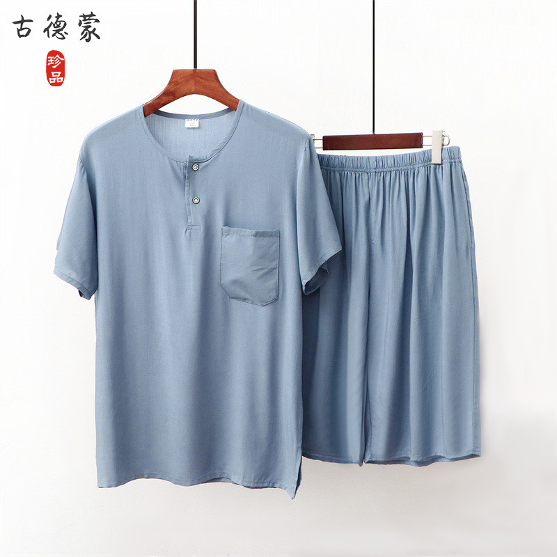 중년 및 노인 남성 여름 옷 아빠의 얇은 면 실크 반팔 상의와 반바지 정장 할아버지의 면 실크 에어컨 가정복