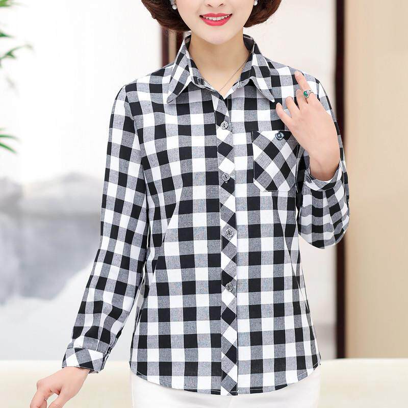 中年女装长袖上衣40-50岁妈妈格子衬衫棉质休闲2020新款女装春装