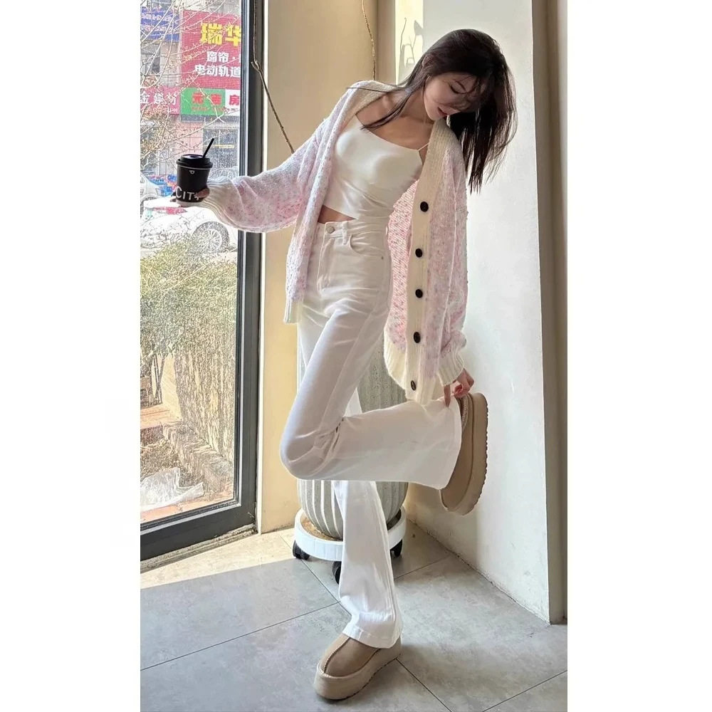 美式百搭白色微喇牛仔裤女夏季新款高腰显瘦修身弹力马蹄喇叭裤子
