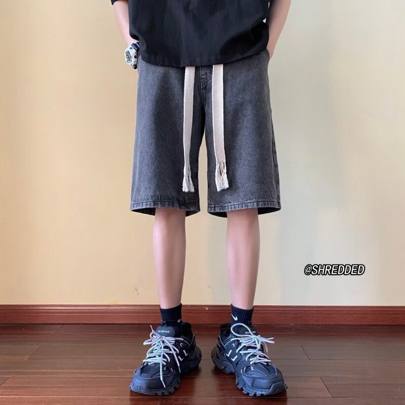 牛仔短裤男夏季港风ins复古编织带薄款宽松休闲学生男士牛仔短裤