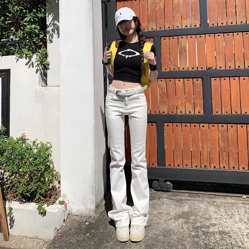 白色微喇牛仔裤女2026夏季年新款高腰显瘦修身弹力拖地喇叭裤子