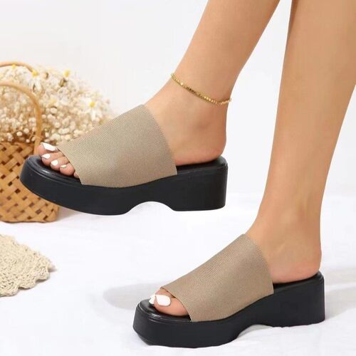 欧美一字型坡跟厚底拖鞋女跨境大码纯色方头外穿凉拖slippers