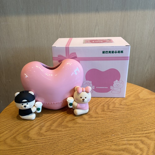 星巴克熊店长粉爱心花瓶桌面摆件