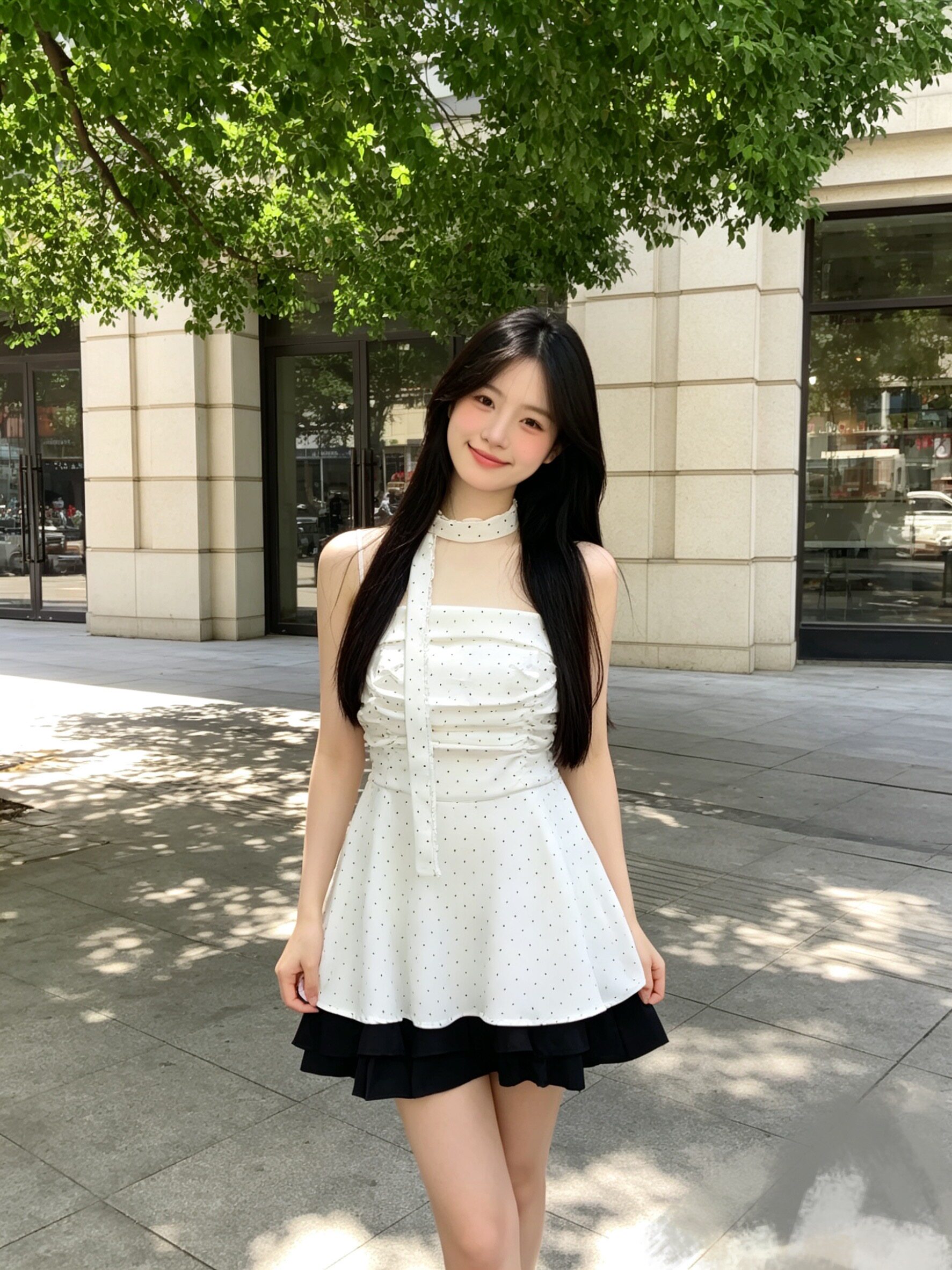 法式波点吊带背心连衣裙女春夏季气质方领收腰显瘦A字蓬蓬短裙子