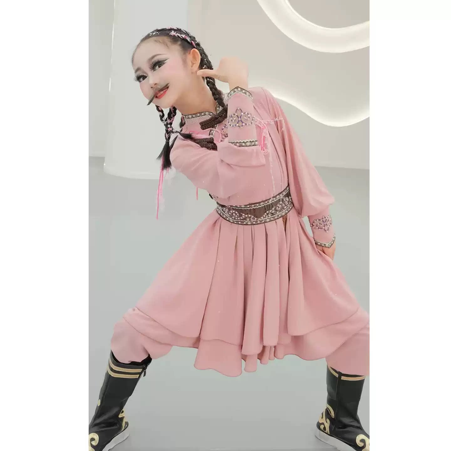 女童蒙古舞蹈演出服粉色少儿独舞民族舞台表演服装学生艺考练习服