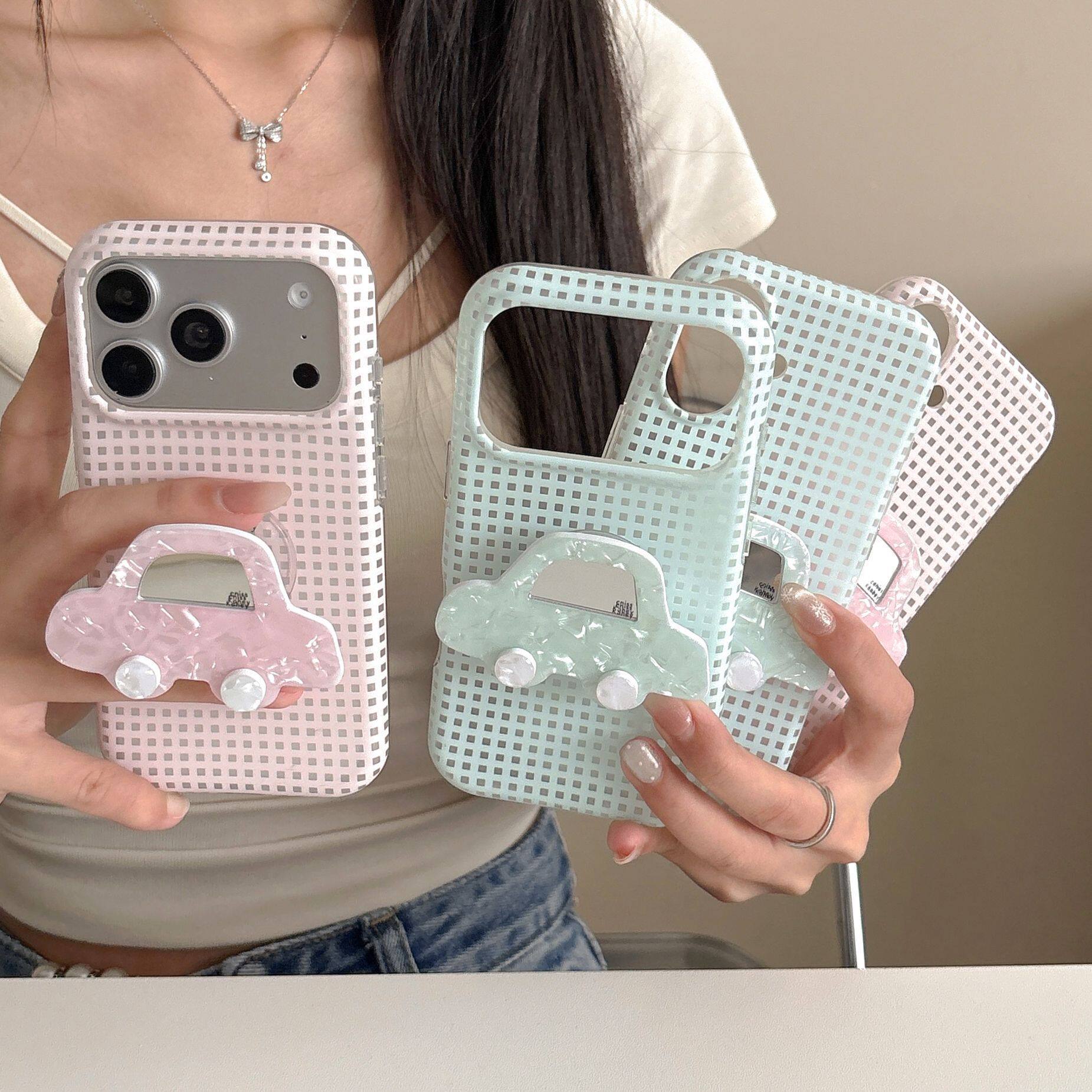 INS简约格纹汽车支架适用iPhone17ProMax苹果16/15手机壳17小众女