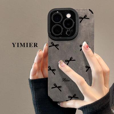 蝴蝶结皮扣挂绳适用苹果16手机壳iphone1promax复古15翻毛皮14软新款适用于苹果17promax手机壳iphone16巨好