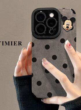 适用苹果16promax手机壳iphone1波点米奇公仔挂绳15硅胶14翻毛皮新款适用于苹果17promax手机壳iphone16巨好