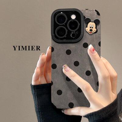 适用苹果16promax手机壳iphone1波点米奇公仔挂绳15硅胶14翻毛皮新款适用于苹果17promax手机壳iphone16巨好