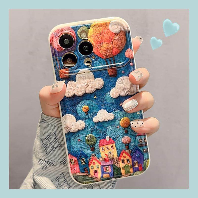 气球小屋挂绳适用苹果16油画手机壳iphone15promax硅胶14趣味涂鸦新款适用于苹果17promax手机壳iphone16巨好