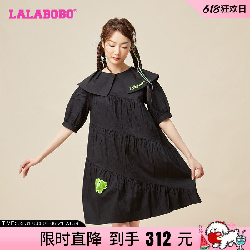 LALABOBO2023春夏新款毛毛熊黑色翻领中长连衣裙女装|LBCB-WLZY12