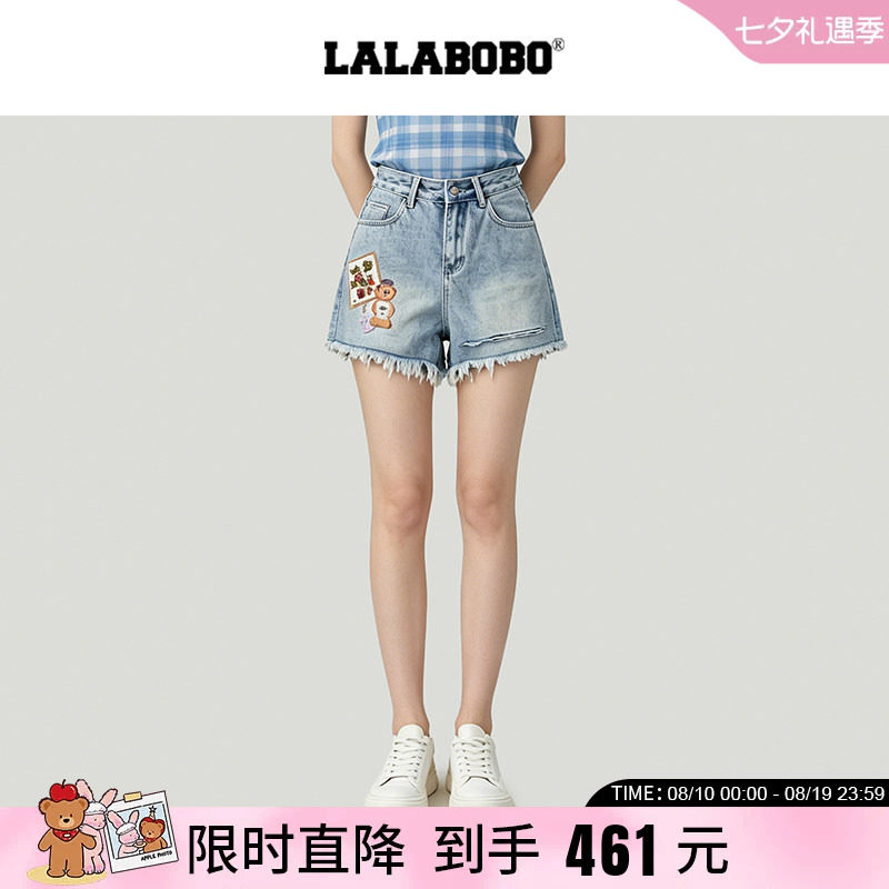 阔腿三分裤复古印花破洞牛仔短裤