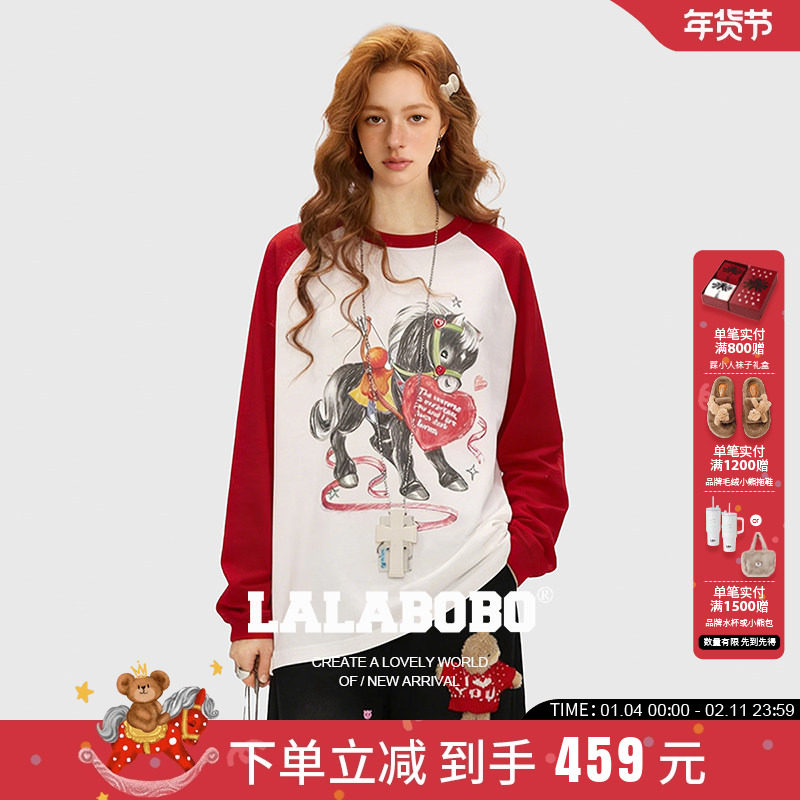 【马年限定】LALABOBO26年春新黑马印花美式宽松插肩长袖红色T恤,女装/女士精品,T恤,淘宝优惠券,粉丝福利购,淘宝优惠卷