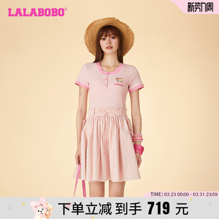 LALABOBO24夏季新款甜美可爱休闲针梭拼短袖连衣裙女|LBDB-WLZY20