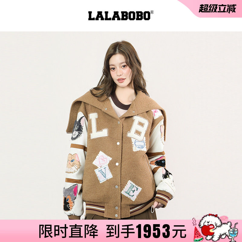 LABO复古猫贴布连毛领棉服