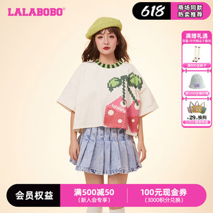 甜美可爱复古做旧骰子水果圆领T恤女LBDA LALABOBO24春新款 WSDT36