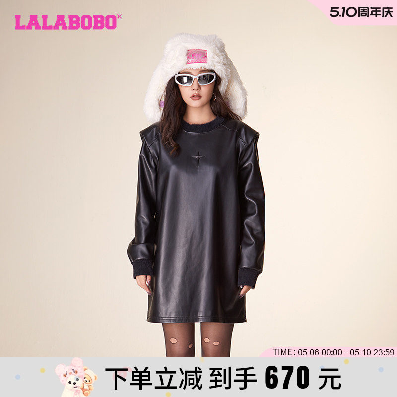 LALABOBO2023冬季新款纯色休闲圆领垫肩皮衣连衣裙女|LBCD-WSPW17
