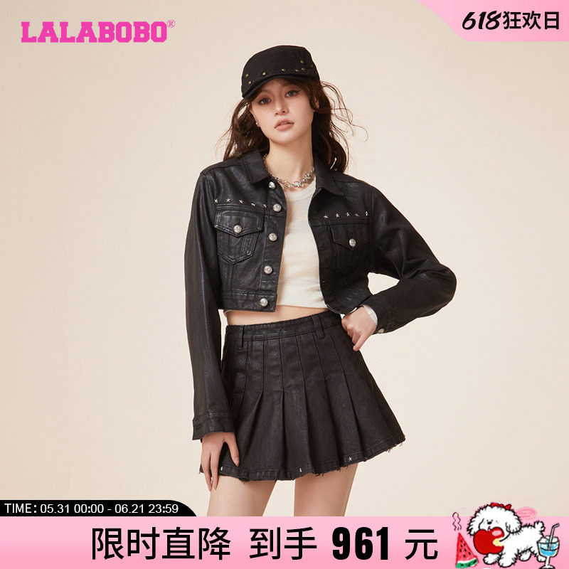 成梦鑫同款LALABOBO翻领字母复古大码牛仔夹克外套女|LBDA-WSJW12