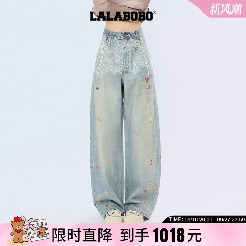 弯刀美式3D双腰头蕾丝印花牛仔裤