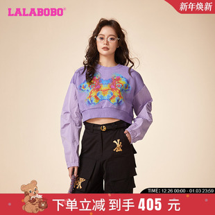 LBDA 魏小也同款 卫衣 LALABOBO春新套头圆领熊短款 WSTS20 招财熊