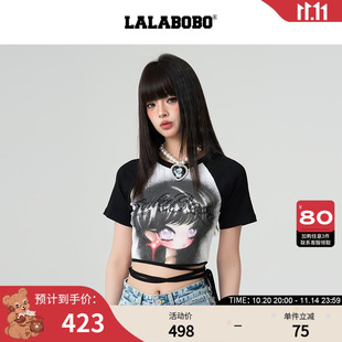 T恤女原创新款 LALABOBO25年春季 潮撞色插肩印花上衣 商场同款